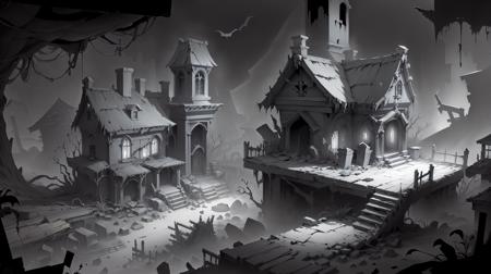 <lora:WhiteboxStyle:0.8> WhiteboxStyle Spooky Haunted Mansion: Crumbling facade, creaky wooden floors, cobwebbed corners, eerie portraits, ghostly apparitions. platform level monochrome