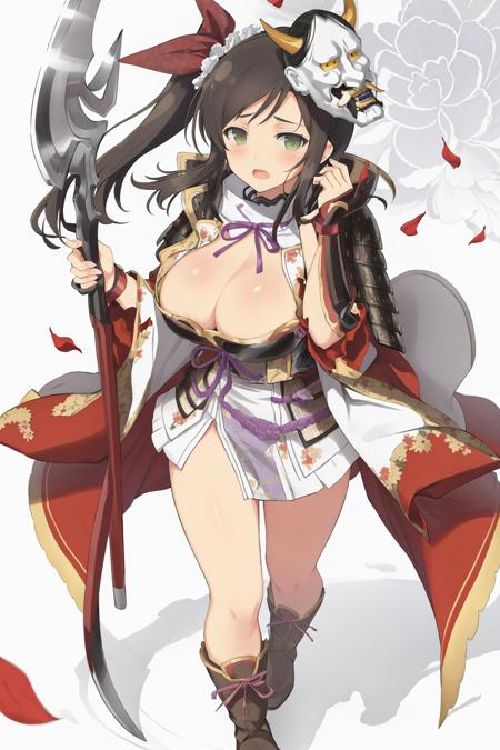 masterpiece, best quality, murakumo (senran kagura),1girl, breasts, weapon, mask, solo, cleavage, large breasts, black hair, polearm, japanese armor, green eyes, long hair, side ponytail, armor, naginata, open mouth, boots, simple background, full body, blush, holding, white background, mask on head, holding weapon, sword, looking at viewer, ribbon, petals, spear<lora:murakumo_senran kagura-000012:0.9>