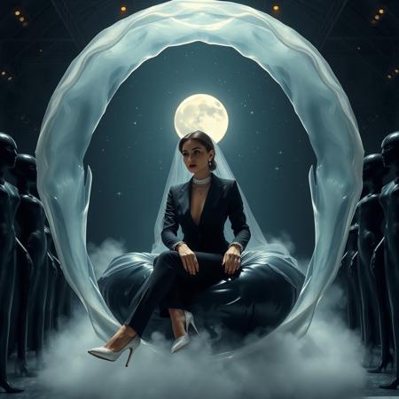 Elegant, refined woman in a sleek black business suit, enveloped in a thin, translucent slime film veil, adorning glimmering silver high heels, an elegant silver collar, and handcuffs, paired with exquisite diamond earrings, sit in a giant glossy black slime-filled pillow gaping  hole, filled with transparent slime and assertive tentacles, covered by colossal, transparent jellyfish dome, eerie fog wafts upward, surrounded by evil tall black luxurious wedding gown  mannequins.  A beam of dim, cinematic light casts an eerie glow, illuminating the dark, otherworldly alien hangar. In the background, colossal, ancient dimension portal yawns open, revealing a star-studded expanse, with a glowing moon suspended in the darkness.
