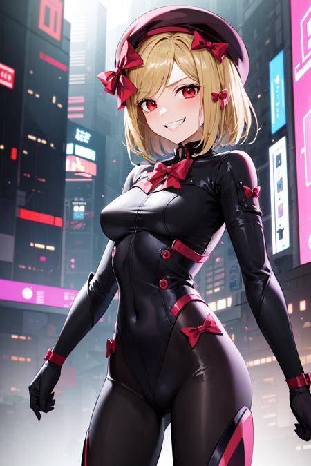 masterpiece, best quality, highres, aalamb, short hair, hair bow, red bow, beret, pink headwear, red eyes, <lora:lambdadelta_v1:0.7>, cyberpunk, bodysuit, gloves, night, cowboy shot, grin,