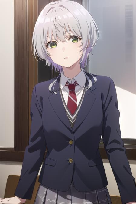 fuukakikuchi, <lora:fuuka kikuchi s1-lora-nochekaiser:1>,
fuuka kikuchi, short hair, bangs, hair between eyes, (green eyes:1.3), grey hair,
BREAK skirt, shirt, long sleeves, school uniform, jacket, white shirt, pleated skirt, necktie, collared shirt, plaid, plaid skirt, blazer, red necktie,
BREAK indoors, classroom,
BREAK looking at viewer,
BREAK <lyco:GoodHands-beta2:1>, (masterpiece:1.2), best quality, high resolution, unity 8k wallpaper, (illustration:0.8), (beautiful detailed eyes:1.6), extremely detailed face, perfect lighting, extremely detailed CG, (perfect hands, perfect anatomy),