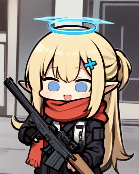 <lora:JazzJack:0.9>
chibi, 1girl, solo,holding machinegun,  blue eyes, long blonde hair, mechanical halo,pointy ears, scarf, :D,><