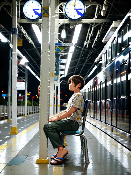 masterpiece, best quality, ultra-detailed, illustration,
platfrom, koyoenst, sandals, sitting, brown hair, shirt, solo, train station, 1boy, short hair, pants, white shirt, photo background, ground vehicle, scenery, male focus, outdoors, 
 <lora:koyoen-000008:1>