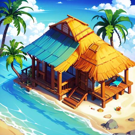 ((masterpiece,best quality)), absurdres <lora:Isometric_Setting:0.7>, Isometric_Setting, tropical beach and palm trees, tiny hut,