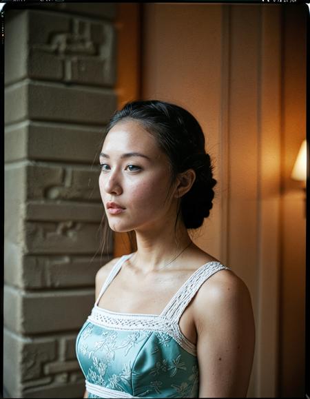RAW analogue photo of a beautiful 25 years old woman, clear focus, high resolution image, Asian woman, dark hair, <lora:Ai_Lotus:0.75>,,  ,wearing a classic fitted dress with a subtle print, matched with elegant slingback flats for a sophisticated evening, (braided hair:1.3),,low light, soft natural light, Rembrandt style light, Hasselblad DLSR camera, 200mm Zeiss lens, f/2.8, ,Sexy pose, erotic pose, exhibitionism, ,crystal palace