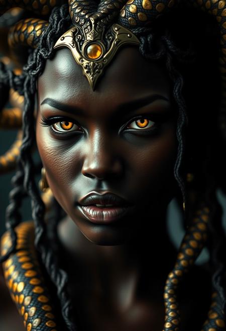 Modern, 2020s, detailed cinematic shot from, realistic cinematic scene, dark brown black woman portrays Medusa, the gorgon woman with writhing snake hair, full lips glowing yellow eyes, no pupils, Intricate, Sharp focus, Highly detailed, Fantasy, Dark lighting, ominous mood., realistic Medusa high saturation, Bright, Vibrant, full of action, Very stylish, far shot,  full body, showing detailed intricate work, shot in the style of  wes anderson and stephen king, oscar winning photography, striking image captures, meticulous attention, stunning costume design