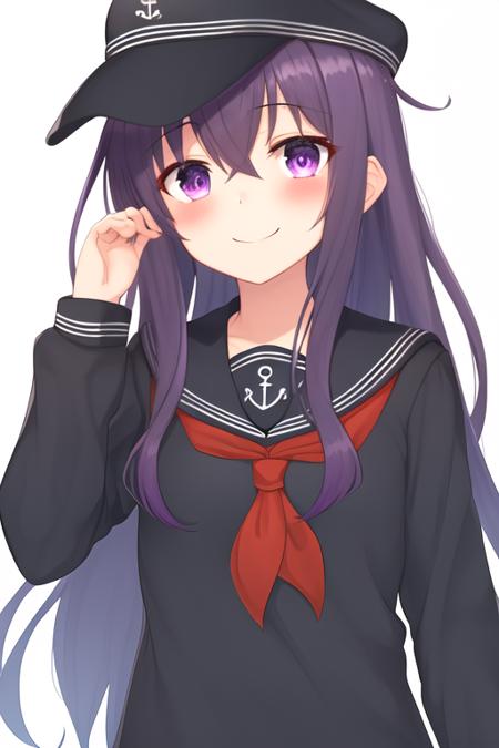 masterpiece, best quality, highres, solo, {akatsuki_kantaicollection:1.10}, long_hair, serafuku, hat, purple_eyes, anchor_symbol, flat_cap, purple_hair, black_hair, blush, hair_between_eyes, 1girl, neckerchief, school_uniform, looking_at_viewer, red_neckerchief, sailor_collar, upper_body, black_headwear, black_sailor_collar, long_sleeves, smile, simple_background