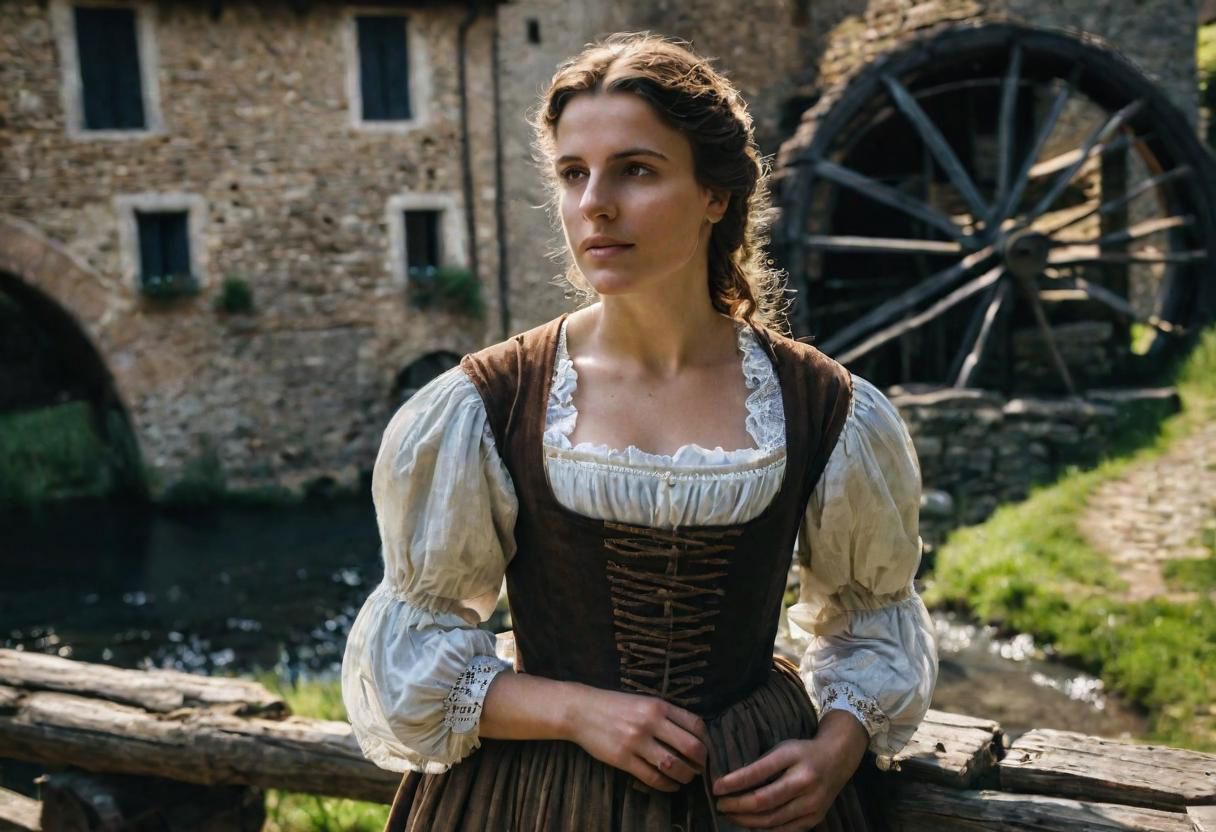 masterpiece, best quality, ultra highres, natural skin texture, brown hair, brown eyes, beautiful  20yo Lucia Mondella (I Promessi Sposi), natural skin texture, ((1600's italian poor woman dress)), near a Watermill in Brianza, Spring,  24mm, 8k textures, soft cinematic light, adobe lightroom, photolab, hdr, intricate, elegant, highly detailed, sharp focus, ((((cinematic look)))), soothing tones, insane details, intricate details, hyperdetailed, low contrast, soft cinematic light, dim colors, exposure blend, hdr, faded, full body, ((small eyes)), hyperealistic