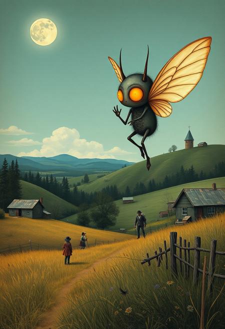 surreal pixie horror, Regionalism, rural landscapes, American countryside, simple yet iconic compositions, clear lines, muted color palette, folk art influence, detailed textures, idealized realism, everyday scenes, nostalgic atmosphere, sturdy figures, rolling hills, small-town life, historical Americana, serene mood