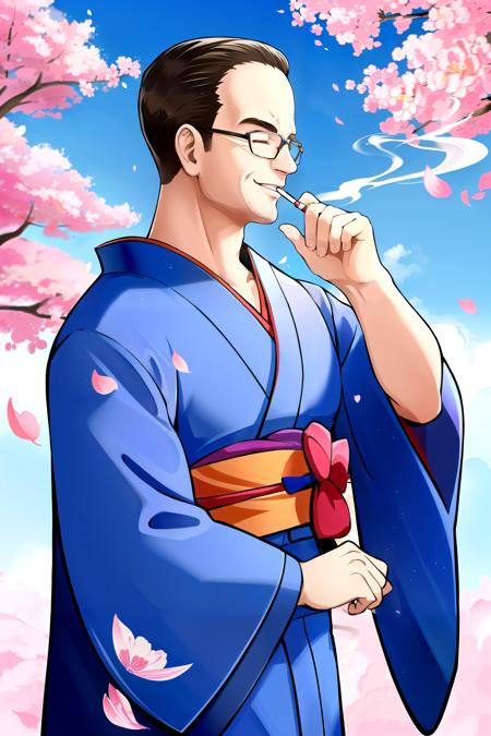 1boy, <lora:senatorarmstrong-18:1> senatorarmstrong, petals, cherry blossoms, (((blue kimono))), smile, cigarette, smoking, smoke, outdoors, sunlight,, Masterpiece, best quality