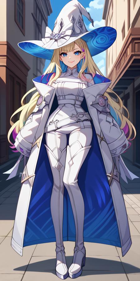 diabellze, very long hair, streaked hair, multicolored hair white witch hat, white jacket, belt, white gloves, sleeves past wrists, white pants, thigh boots