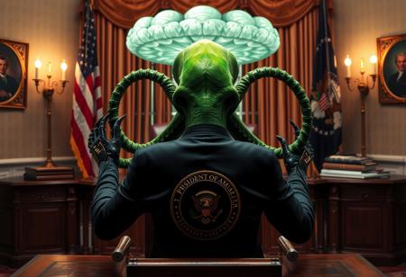 cthulu for president, oval office, mushroom cloud, real photograph, inspector gadget style, photorealistic, correct hands, correct fingers, presidential seal, vote button, campaign photo, election, elegant scene, facing away, sitting, metal arm, spikes