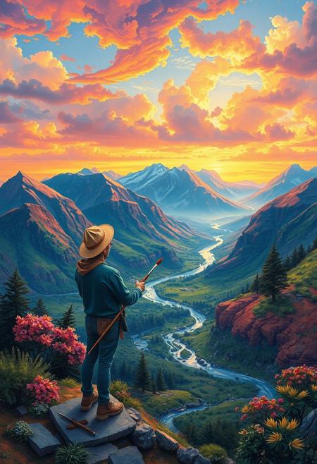 A painter uses his magic paintbrush to create the most vivid and beautiful landscape that comes to life and begins to enter his world. Stunning colors and magnificent landscapes all created by the painter and his magic paintbrush.