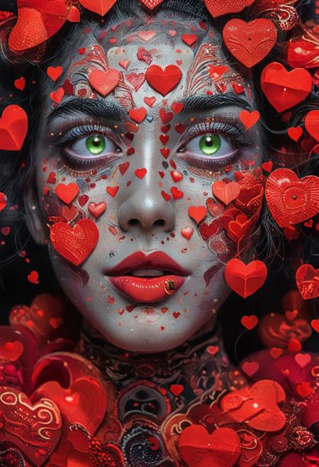 PsychadelicChaos, psychadelic, (close up:4,3),  Realism_Quality_2xx_By_Stable_Yogi, 1girl, bob cut, platinum blonde hair, (green eyes:1.2), gentle smile, 28 years old, long eyelashes, eyeliner, red lips, makeup, (hearts:1.2), red hearts floating around, (many hearts:1.4), (romantic:1.4), anatomically correct, fully dressed, pg rating, crazy background.