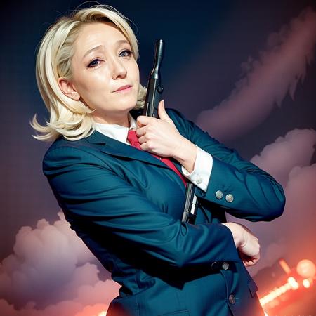 <lora:Marine_LePen-11:1> Marine lePen, with a shotgun