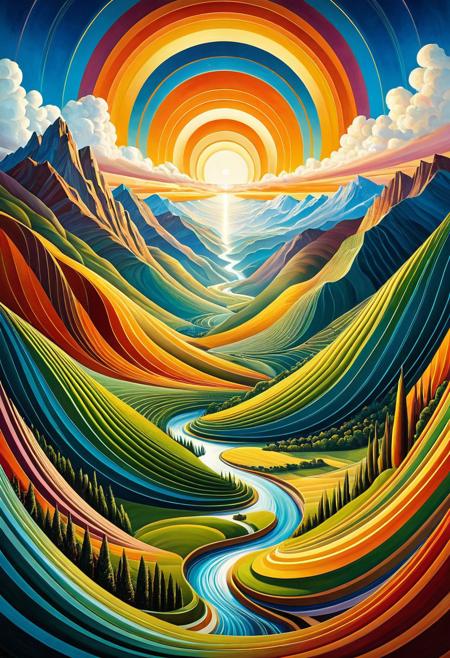 radiates the dynamic energy of Italian Futurism, merged with spiritual and aerial perspectives. The composition is a sweeping, bird’s-eye view of a mountainous or coastal landscape rendered in bold, flowing curves and vibrant, radiant colors. The forms are stylized and abstracted, spiraling toward the center with rhythmic motion that suggests speed, ascension, and cosmic harmony. Elements like domed churches, winding rivers, and cultivated fields appear in geometric arrangements, while beams of light or radiant skies evoke a mystical, almost transcendental aura. The image feels both earthly and visionary—celebrating progress, nature, and spiritual elevation through aerodynamic form and luminous color.