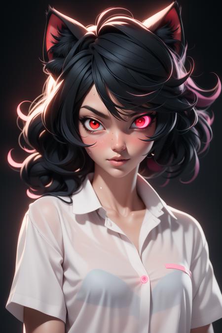 3dmm style,realistic, 1girl, black hair, red eyes, slit eyes, glowing eyes, oversized shirt, parted lips, blush, cat ears, wet shirt, sweaty,, masterpiece, best quality,