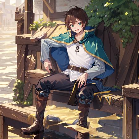 masterpiece, best quality, 1boy, kazuma,,, sitting  ,green eyes ,brown hair, capelet,white shirt,cape,boots,green cape,finely detailed eyes and detailed face, extremely detailed CG unity 8k wallpaper, intricate details,depth of field,  black pant,,, smile, looking at viewer,   <lora:satou_kazuma-10:1>