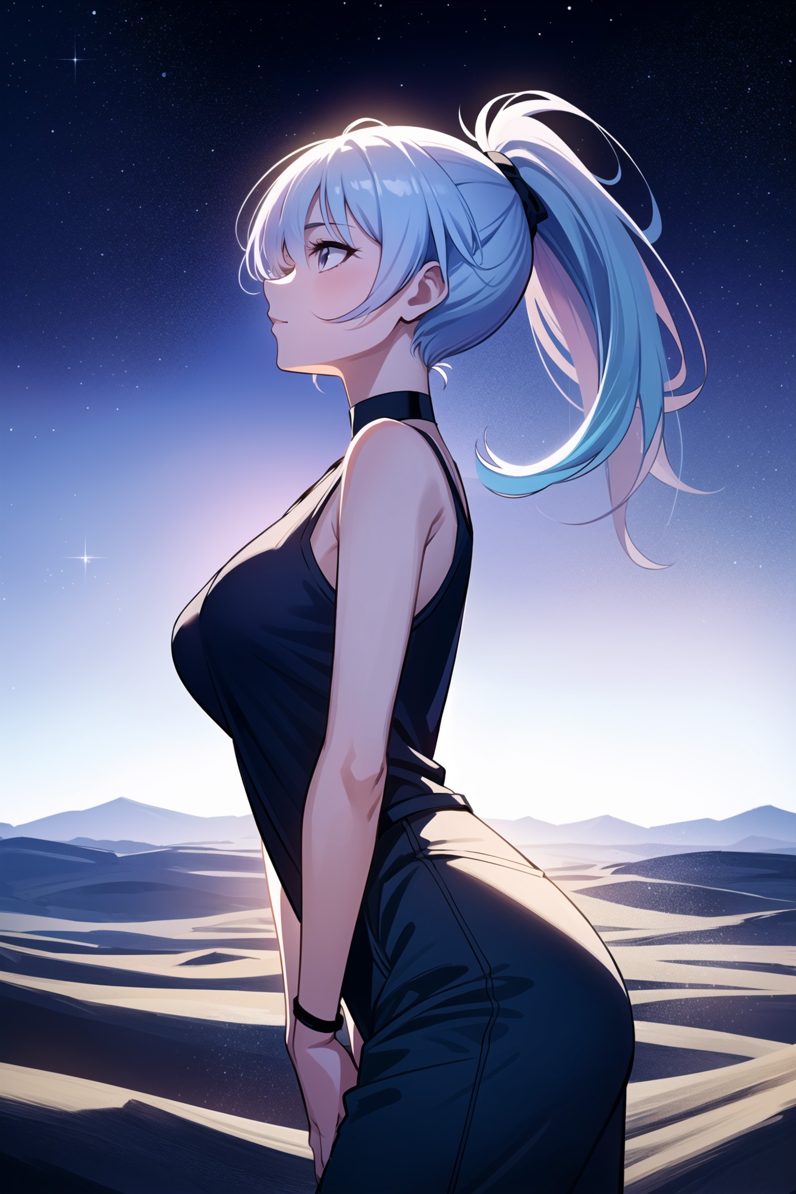 Wide drawing of a girl with pearly white hair, gazing forward, amidst a scene of a vast desert with oases that sparkle und...