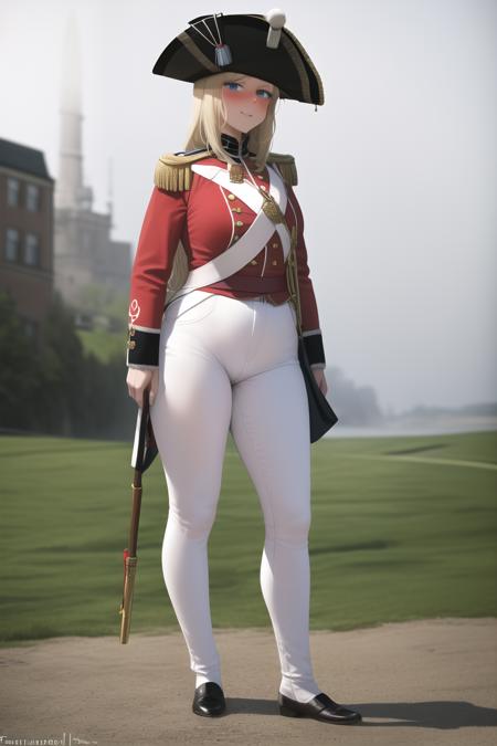 masterpiece, best quality, absurdres, high resolution, extremely detailed, 1girl, solo,  <lora:redcoatv2:0.75>,military_uniform, uniform, standing,epaulettes ,military, white_pants, red_jacket,wide bicorne, bicorne hat,   white pants,napoleonera,  redcoat,blonde long wavy hair,  blue eyes,  smug,  full-face blush, large breasts,  wide hips, narrow waist, british army officer, <lora:shi2:1>, saber,