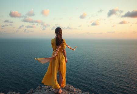 This is a high-resolution, atmospheric photo capturing a serene coastal scene with a young woman standing on the edge of a rocky cliff, overlooking a vast, calm ocean. She faces away from the camera, gazing into the distance with a contemplative stance. Her dress is a light, flowing yellow, catching the breeze just enough to create a gentle ripple, and a long scarf around her neck streams backward, caught by the wind. Her hair also moves softly with the breeze, adding a sense of motion and life to the moment.
The sky is expansive and clear, filled with scattered, fluffy clouds that have a subtle pink and purple tint, suggesting either dawn or dusk lighting. The ocean below is calm, its surface reflecting hints of blue from the sky, stretching endlessly toward the horizon. The soft, diffused lighting casts a warm glow over the scene, enhancing the tranquil atmosphere and giving the image a cinematic, almost dreamlike quality.
The overall composition should capture the finest details—every texture of the rocky cliff, the movement of the woman’s clothing and hair, and the subtle color gradients in the sky and ocean. The image should evoke a sense of solitude, peace, and introspection, as if the woman is immersed in the beauty of nature. The photograph should be rendered with the highest level of realism, professional lighting, and atmospheric depth, making each detail vivid and lifelike.