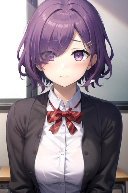 Nemuribuka Maruri ahoge,short hair,purple hair,hair ornament,hairclip,hair over one eye,bangs,purple eyes black jacket,open jacket,collared shirt,white shirt,red bowtie,long sleeves,medium breasts,blue skirt,white pantyhose,loafers