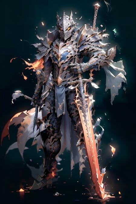 (masterpiece, top quality, best quality, official art, beautiful and aesthetic:1.2),(8k, best quality, masterpiece:1.2),CGDivineSwordsw, weapon, armor, sword, 1boy, solo, holding, male focus, holding weapon, holding sword, glowing, helmet, cape, shoulder armor, torn cape, greaves, torn, torn clothes, standing, gauntlets, pauldrons, blood, glowing weapon, breastplate, full armor, glowing eyes, full body, glowing sword, (epic glow:1.4), <lora:CGDivineSwordsw_20230611172159:1>