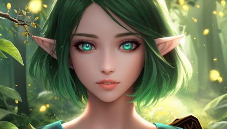 1girl, green hair, short hair, pointy ears, (medium breasts:1.2), wearing a green tunic, (illustration:1.1), highres, (extremely detailed CG, unity, 8k wallpaper:1.1), (colorful:0.9), (solo:1.2), plant, tree, (beautiful eyes:1.15), leaves swirling around the girl, leaning against tree at night, blue_eyes, (beautiful face:1.15), (fireflies:1.1), parted lips, (highly detailed face), cinematic lighting, volumetric lighting, ultra realistic, masterpiece, macro shot, zoom to face, best quality, the legend of zelda, bokeh, extremely detailed, intricate, (line_style:1.15), holding an intricate