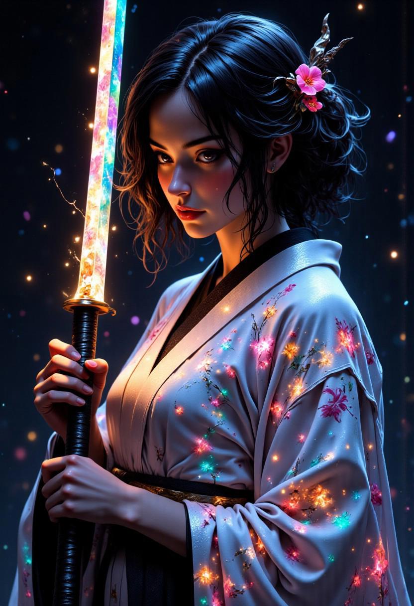 A young woman with shoulder-length wavy black hair is shown from the torso up, holding a glowing katana in front of her. She is wearing a traditional kimono that is white with iridescent, vibrant floral patterns in shades of pink, orange, blue, and green. The katana has a glowing, rainbow-colored blade, with the hilt held firmly in both her hands. Her right hand, visible and ungloved, grips the handle near the bottom, while her left hand, wearing a black glove, is placed near the guard. Her expression is calm, her gaze lowered. The kimono drapes softly over her form, and colorful, ethereal flowers seem to emerge from the fabric. The background is dark and minimal, which contrasts sharply with the vibrant light coming from the sword and the glowing floral patterns on her clothing. The lighting emphasizes the soft glow of the sword and flowers, creating a magical, serene atmosphere. The perspective is a close-up shot focusing on the upper half of her body, highlighting the intricate details of her kimono and the vibrant, colorful light effects.    <lora:dark_fantasy_flux:0.83> <lora:FredFraiStyle-FLUX-Share:0.63> <lora:sxz-Dark-Fantasy-v2-Flux:0.33> drkfnts style,