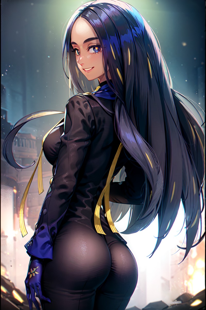 (masterpiece, best quality:1.2) geeta, pokemon, 1girl, solo, from behind, large ass, looking back, long hair, black hair, ...