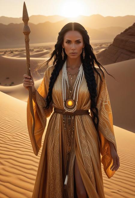 An ultra-realistic, full-body portrait of a mesmerizing desert prophetess woman, radiating ancient wisdom with a warm and luminous palette. She wears a long, flowing robe in a combination of sun-baked ochre and shimmering gold, with subtle white and natural accents, creating a grounding and enlightening contrast. The robe features intricate woven patterns and light-emitting fibers, designed with a sense of desert survival and spiritual enlightenment. Her photorealistic face exudes timeless beauty, with striking features and eyes that seem to reflect the wisdom of the ages. Her long, braided black hair is styled with intricate beads and bone charms, framing her face in an enchanting halo. Ethereal tattoos in glowing gold patterns flow along her arms and face, adding a mystical flair. She holds a staff, now radiating a warm, golden light, reflecting the sunlit, desert landscape. The background is a vast and radiant mix of golden sand dunes and towering rock formations in hues of deep tan, warm sienna, and bright yellow, emphasizing her rooted and powerful presence. Soft, diffused lighting casts long shadows and bold, golden highlights, accentuating the strong lines of her upright pose. The image combines advanced digital artistry techniques, including texture mapping and ambient occlusion, with mixed-media digital painting.