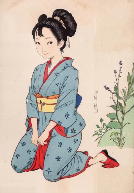 <lora:Shunga:1.0>, 1girl, solo, traditional japanse clothes, kneeling, smile,