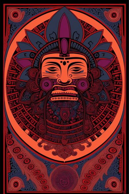 aztec art, a colorful ornamental design with a face on it's face and a black background with mauve, sandy-brown, and blue colors, Altichiero, dmt, poster art, psychedelic art , Mesoamerican ,