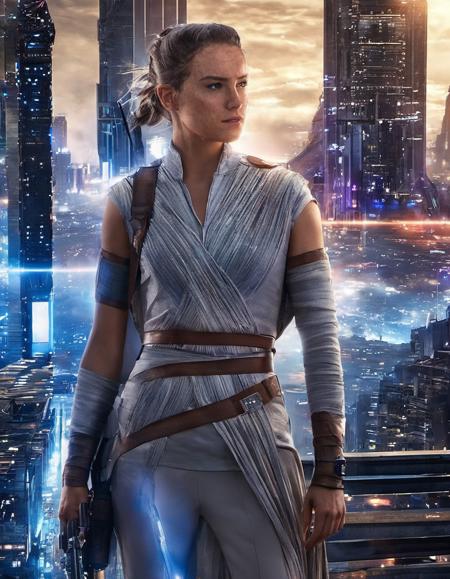 breathtaking photo of sksjedi, 1girl, (fullbody:1.2), bandages, belt, tunic, weapon, ponytail, blurry, lips, depth of field, blurry background futuristic city lots of lights, portrait, realistic, nose, professional, 4k, highly detailed <lora:Rey:1.2> . award-winning, professional, highly detailed