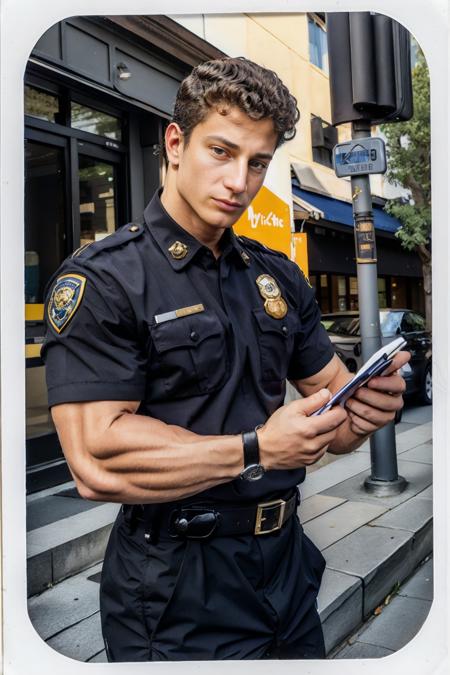 on a city sidewalk, writing a ticket, ((holding notepad)), (holding a pen), YannisPaluan, black-color, dress shirt, belt, pants, badge, serious expression, masterpiece, ((medium body portrait)) <lora:Clothing - Sexy Police Officer:0.65>   <lora:YannisPaluan:0.8>