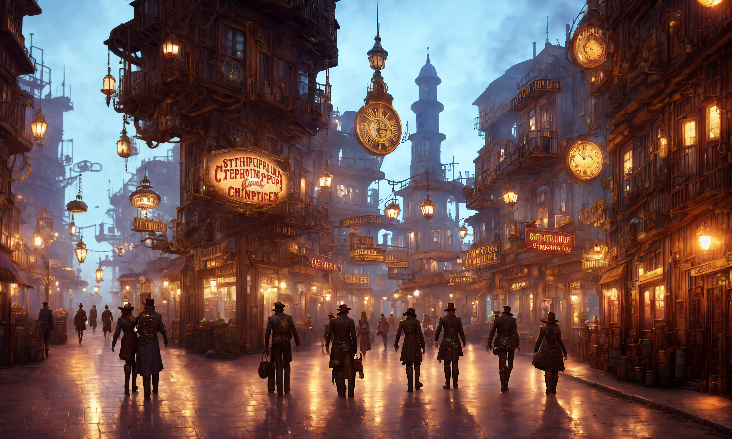 drawing of steampunk city , with people walking around, fine details, award winning image, highly detailed, 16k, cinematic...