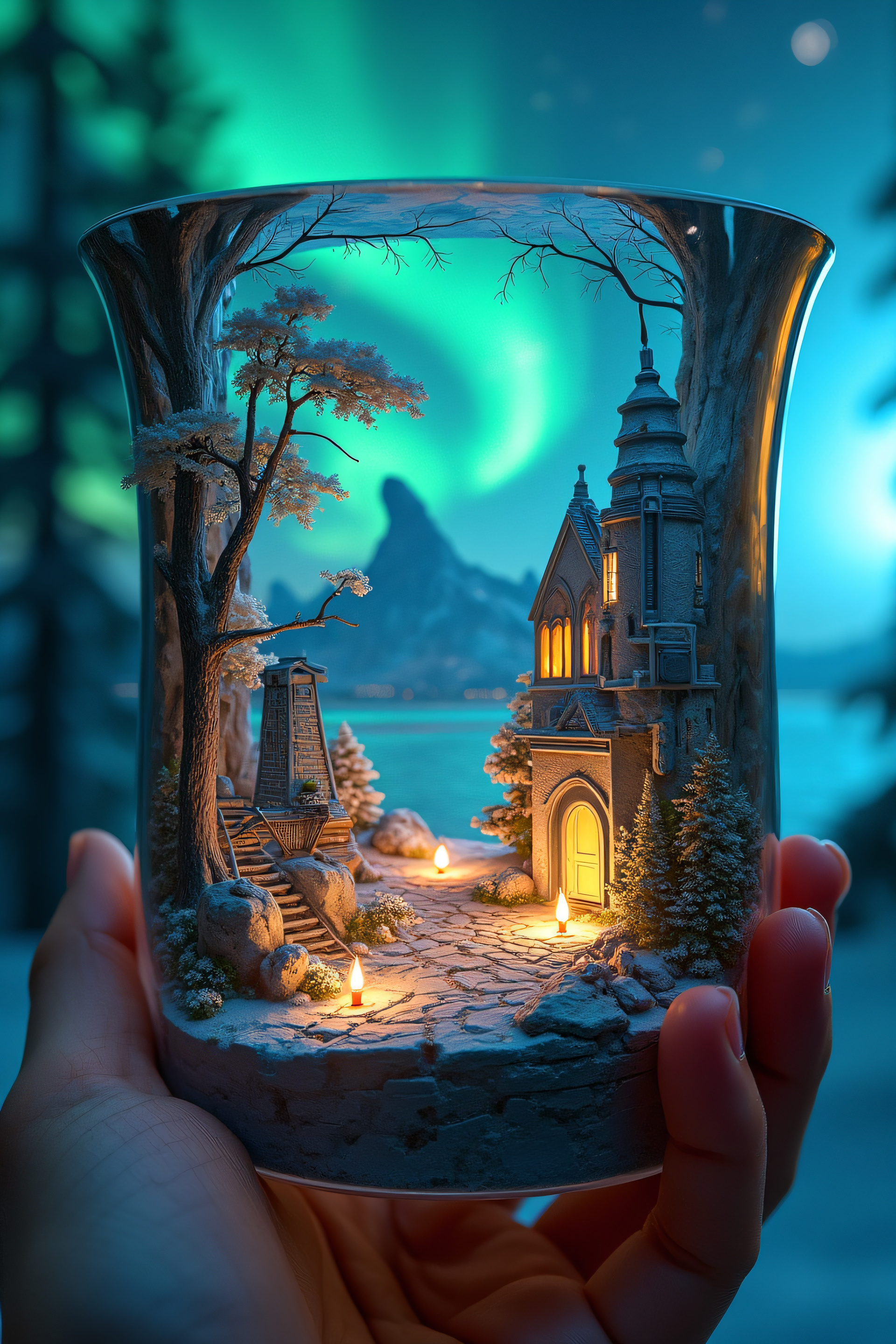 A hand holding a transparent glass sculpture that encapsulates a detailed miniature scene. The scene within the glass shows a small, ornate castle nestled among pine trees on a snowy landscape. A lit pathway leads to the castle’s open door, bathed in a warm glow that contrasts with the cool blue hues of the surrounding environment. In the background, beyond the glass edges, an aurora borealis illuminates the night sky over distant mountains, adding to the magical ambiance.