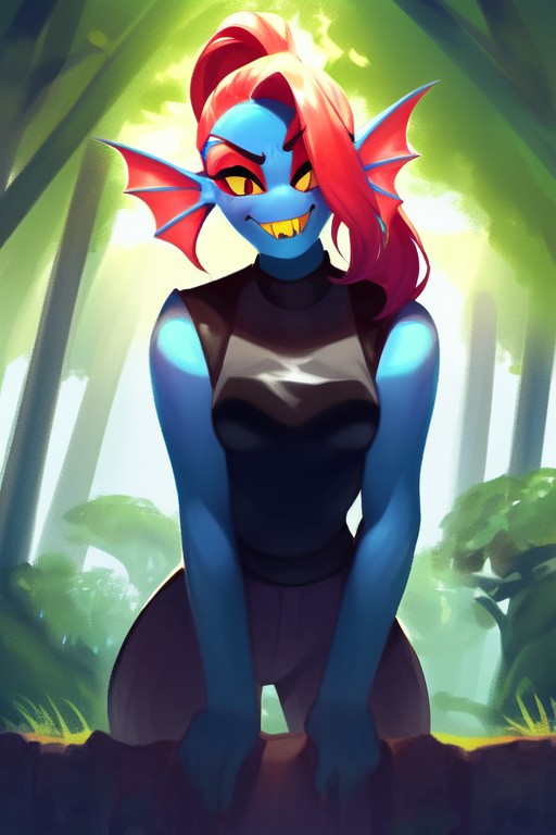 source_furry, score_9, rating_safe, undyne, undertale, anthro, 1girls, solo female, white background