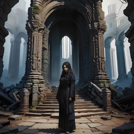 (high quality), nodf_lora, 1girl, solo, portrait, long hair, dress, rock temple, standing, stairs, ruins, pillar, (depth of field), <lora:notion_of_dark_fantasy-nodf:1>