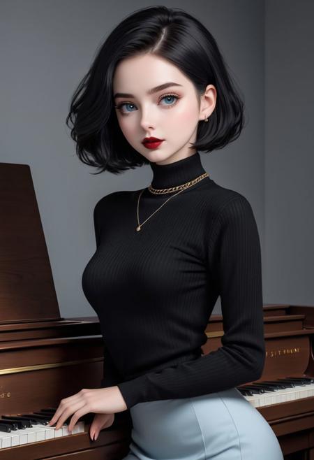(score_9, score_8_up, score_8:1.2), (1girl, solo, masterpiece, 8k, HDR,), a beautiful and alluring young woman, (pale white skin:1.2), blushing, (black short hair:1.2), (middle-part hair:1.2), light blue eyes, black lipstick, dark eyeliner, chain choker, small breasts, flat chest, tight waist, slim feminine body, small hips, round ass, cute, eyelashes, character concept art of a beautiful woman stading on top of a piano, dark tight turtleneck, dark tight skirt, extremely sexy, seductive, dark music room.