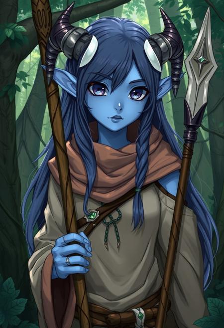detailed anime style, female tiefling, blue skin, white sclera, no iris, blank eyes, druid clothing, forest environment, holding druid staff