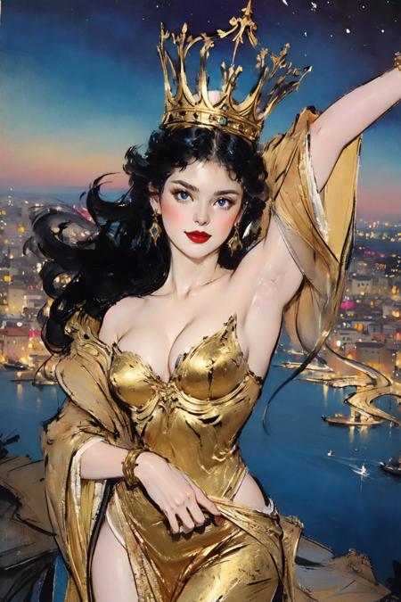 (masterpiece),(best quality),1girlï¼ crown, golden straples dress, road, ((city)),