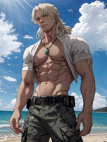 worick,male focus, 1boy, camouflage pants, dog tags, solo,nipples, abs,sky, clothes lift, day, cloud, outdoors, pants, beach, pectorals, looking at viewer,belt, holding  ice cream, cowboy shot, ocean, bara, muscular male,lifted by self, cloudy sky, blue sky,  <lora:worick:1>, masterpiece, best quality,