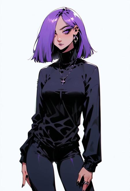 score_9, 1girl, female, (solo), standing, lily duolingo, purple hair, hair over one eye, sweater, pants, flat colors, no lineart, <lora:ponydiffusionv6_lilyduolingov2:1>