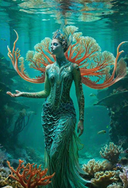 A picture of a majestic wetland, with the semi aquatic humanoid, standing looking directly at the camera with gills on its face, eyes like opal, , skin partially scaled, fin shaped ears, webbed hands, cinematic, holographic blue green colors, background is a breathtaking underwater realm, where opulent coral palaces gleam in the soft luminescence of bioluminescent creatures. Graceful merfolk adorned in shimmering shells and iridescent scales glide through crystal-clear waters, their harmonious society built upon ancient wisdom and reverence for the sea. Spiraling towers of vibrant coral rise from the ocean floor, adorned with intricate mosaics depicting tales of valor and myth. The gentle hum of currents carries the enchanting melodies of underwater choruses, echoing through the vast expanse of this fantastical aquatic civilization.