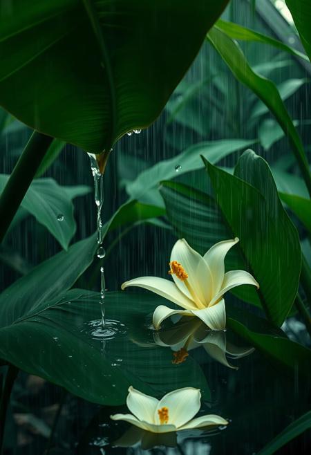 Cinematic photography, rainwater pooling in hollow of tropical leaf resembling body curve, droplets sliding down like sweat, oversized Lily flower floating in water, setting: steamy greenhouse at downpour, mood: primal release, lighting: raindrop-refracted jungle light, color theme: emerald and creamy white, camera: ARRI Alexa Mini
