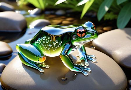 A sleek futuristic glass frog perches gracefully on a smooth river rock in the middle of a small stream, its webbed robot feet dangling just above the tranquil waters, The serene scene is bathed in warm hues as the sun sets in the distance, casting an ethereal glow over everything, evocative image exudes a sense of peacefulness and wonder, inviting viewers to lose themselves in its dreamy atmosphere, <lora:add-detail-xl:0.75>, <lora:f412glassXL:0.75>,