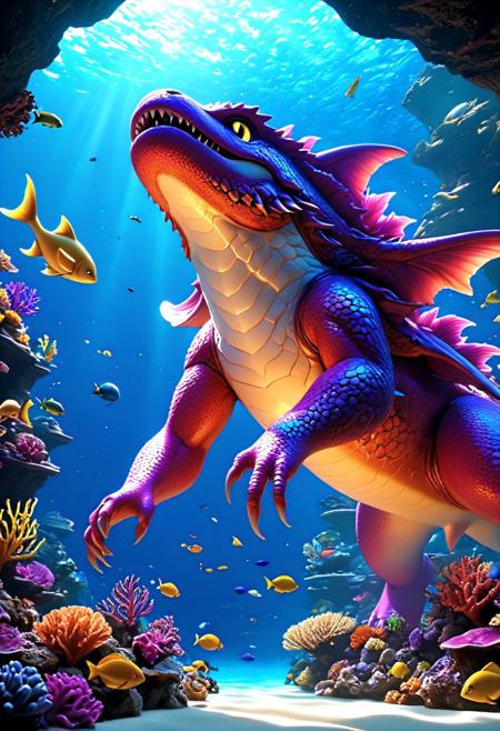 kitty diving underwater surrounded by fish, underwater kingdom, Ocean, Coral reef adventure, Reef Expedition, giant glowing exotic monster sea creature . Appetizing, professional, culinary, high-resolution, commercial, 
3d-rendering, concept-art, digital, dreaminess, futuristic, multimedia, sculpture, virtual-reality, 
eeriness, fantasy, photorealism, other-worldliness, realism, sci-fi, technological, alien worlds, advanced civilizations, 
intricate details, highly detailed, ultra-detailed, absurdres, unreal engine, octane rendering, high contrast, vivid, vibrant, volumetric lighting, sharp focus, 
aid291, midjourneyv6.1, 
RainbowUnicornStyle
