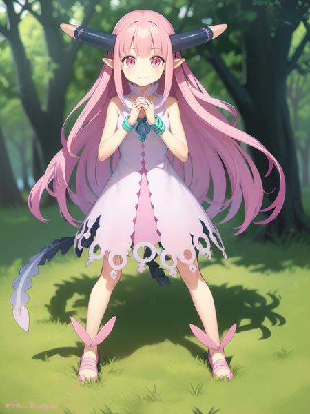 <lora:milleaf:1> milleaf, 1girl, solo, pink hair, long hair, horns, tail, pointy ears, pink eyes, smile,  shoes, dress, full body, jewelry,  bracelet, own hands together,
forest,