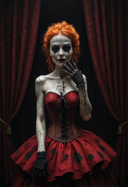 1girl, teased rust-orange curls frizzed by fog and hysteria, skin dusted in stage glitter, veins twitching beneath the surface, leaning over rusted carnival rail, blank expression as she twists a balloon animal in half, A corset of split leather and exposed stitching, the front laced with black licorice ribbon. Her skirt is formed from puppet hair woven into a soft bell shape, hemmed with circus tickets burned at the edges. A single opera glove reaches to her shoulder, fingers cut off. On the other arm, a stitched-on marionette limb painted to match her skin. Her face is a mirror of theatrical cruelty â ruby lips grinning, one black teardrop painted beneath a glassy eye., abandoned puppet theatre, red curtains stained with handprints